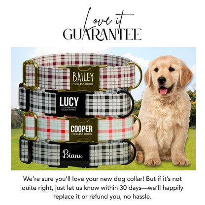 Personalized Plaid Dog Collar with Name Engraved Custom Pet Name ID Collar for Pets Collar & Leash Set Cozy Winter Check Dog Collar (OG-173)