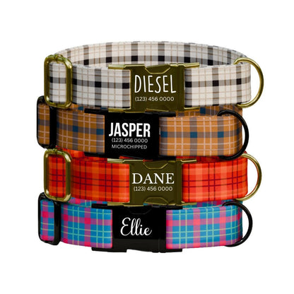 Personalized Plaid Dog Collar with Name Engraved Custom Pet Name ID Collar for Pets Collar & Leash Set Cozy Winter Check Dog Collar (OG-174)
