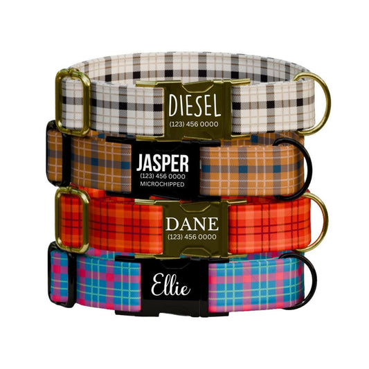 Personalized Plaid Dog Collar with Name Engraved Custom Pet Name ID Collar for Pets Collar & Leash Set Cozy Winter Check Dog Collar (OG-174)