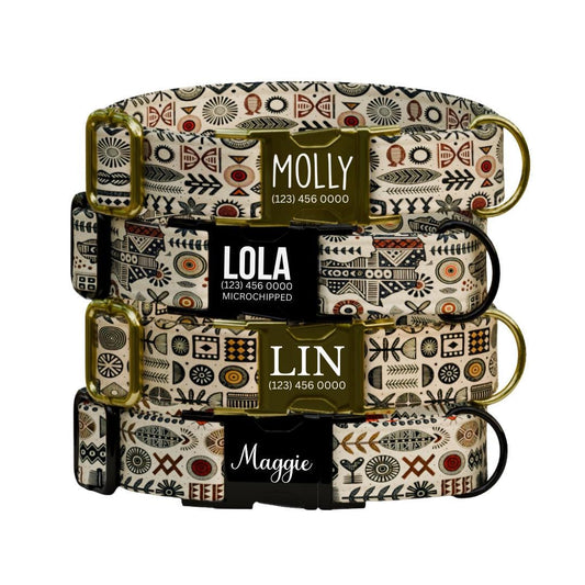 Personalized African Tribal Dog Collar with Name Engraved Custom Ethnic Pattern Pet ID Collar Unique Dog Collar with Metal Buckle (OG-169)