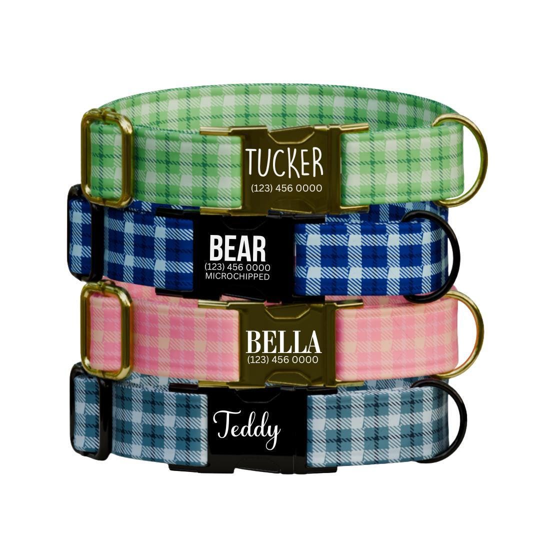Personalized Gingham Dog Collar with Name Engraved Custom Tag Collar for Pets Collar & Leash Set Stylish Checkered Dog Collar Gift (OG-171)