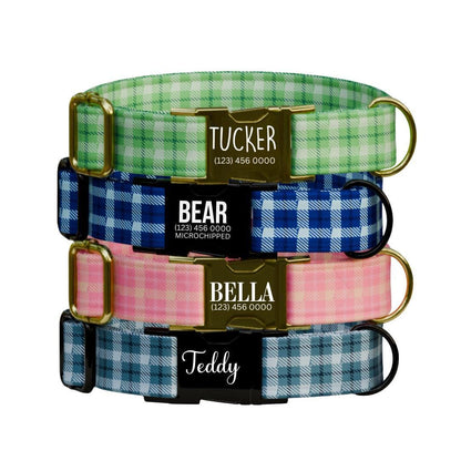 Personalized Gingham Dog Collar with Name Engraved Custom Tag Collar for Pets Collar & Leash Set Stylish Checkered Dog Collar Gift (OG-171)