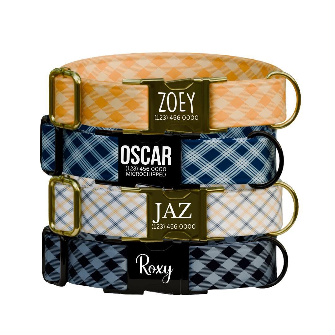 Personalized Plaid Dog Collar with Name Engraved Cute and Soft Adjustable Collar & Leash Set Plaid Dog Collar Gift for Dog Lovers (OG-156)