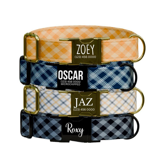 Personalized Plaid Dog Collar with Name Engraved Cute and Soft Adjustable Collar & Leash Set Plaid Dog Collar Gift for Dog Lovers (OG-156)