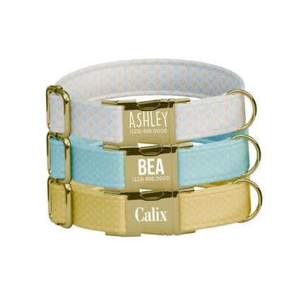 Personalized Heart Dog Collar with Name Engraved Cute and Soft Adjustable Collar & Leash Set Black Gold Buckle Handmade Dog Gift (OG-151)