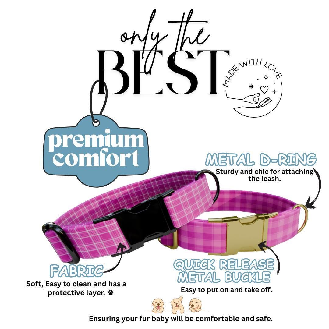 Personalized Pretty in Pink Plaid Dog Collar Custom Name Tag Pink Plaid Dog Collar with Metal Buckle & Adjustable Fit Dog ID Tag (OG-293)