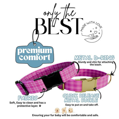 Personalized Pretty in Pink Plaid Dog Collar Custom Name Tag Pink Plaid Dog Collar with Metal Buckle & Adjustable Fit Dog ID Tag (OG-293)