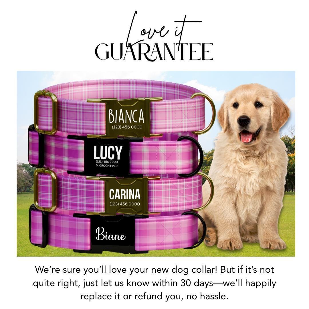 Personalized Pretty in Pink Plaid Dog Collar Custom Name Tag Pink Plaid Dog Collar with Metal Buckle & Adjustable Fit Dog ID Tag (OG-293)