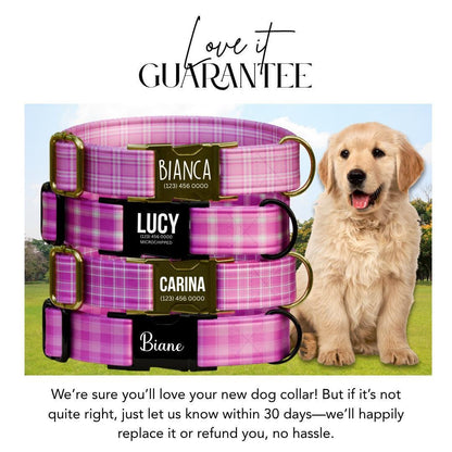 Personalized Pretty in Pink Plaid Dog Collar Custom Name Tag Pink Plaid Dog Collar with Metal Buckle & Adjustable Fit Dog ID Tag (OG-293)