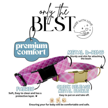 Personalized Pretty in Pink Plaid Dog Collar Custom Name Tag Pink Plaid Dog Collar with Metal Buckle & Adjustable Fit Dog ID Tag (OG-294)