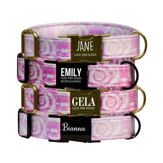 Personalized Pink Tie-Dye Dog Collar with Name Engraved Cute Stylish Girly Dye Print Tag Collar Dogs Adjustable Collar & Leash Set (OG-300)