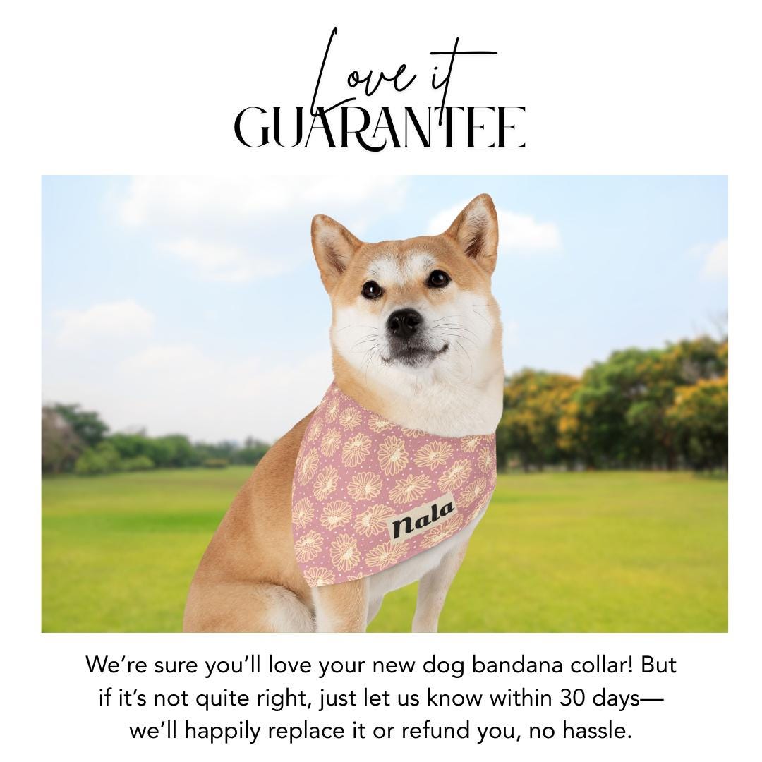 Personalized Daisy Pet Bandana Collar Custom Name Dog Bandana Adjustable Built-In Collar for Dogs & Cats Pink Classy Floral Pet Accessory