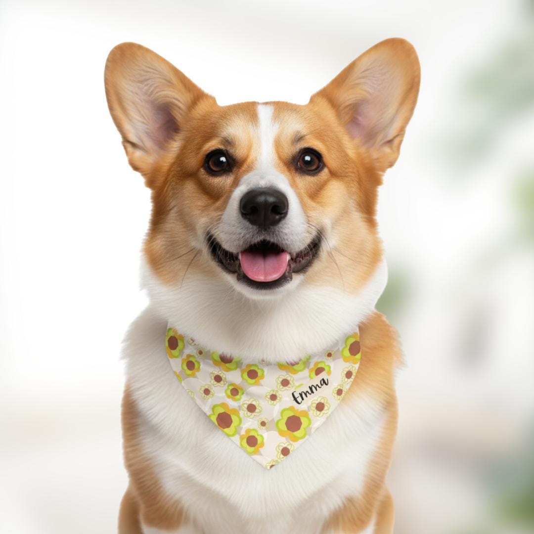 Personalized Retro Flower Pet Bandana Collar Custom Name Dog Bandana Adjustable Built-In Collar for Dogs & Cats Groovy Floral Pet Accessory