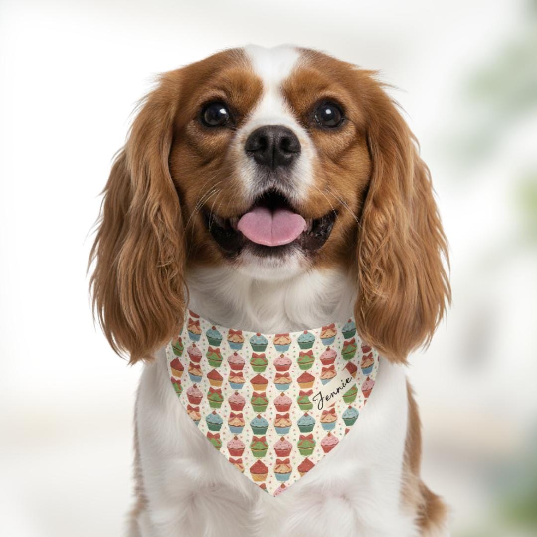 Christmas Cupcake Pet Bandana Built-In Collar Personalized Dog Holiday Accessory Festive Print Adjustable Collar Custom Name Bandana Pet
