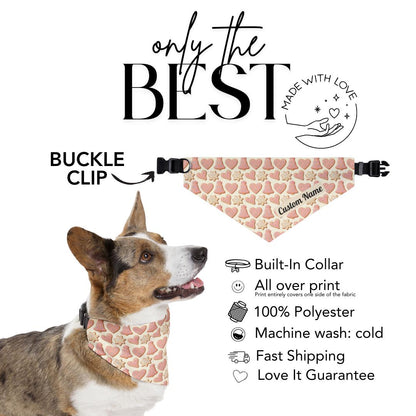 Personalized Pet Bandana Collar with Name Pink Heart & Star Cookie Pattern Pet Girl Bandana with Polyester Fabric Built-In Adjustable Collar