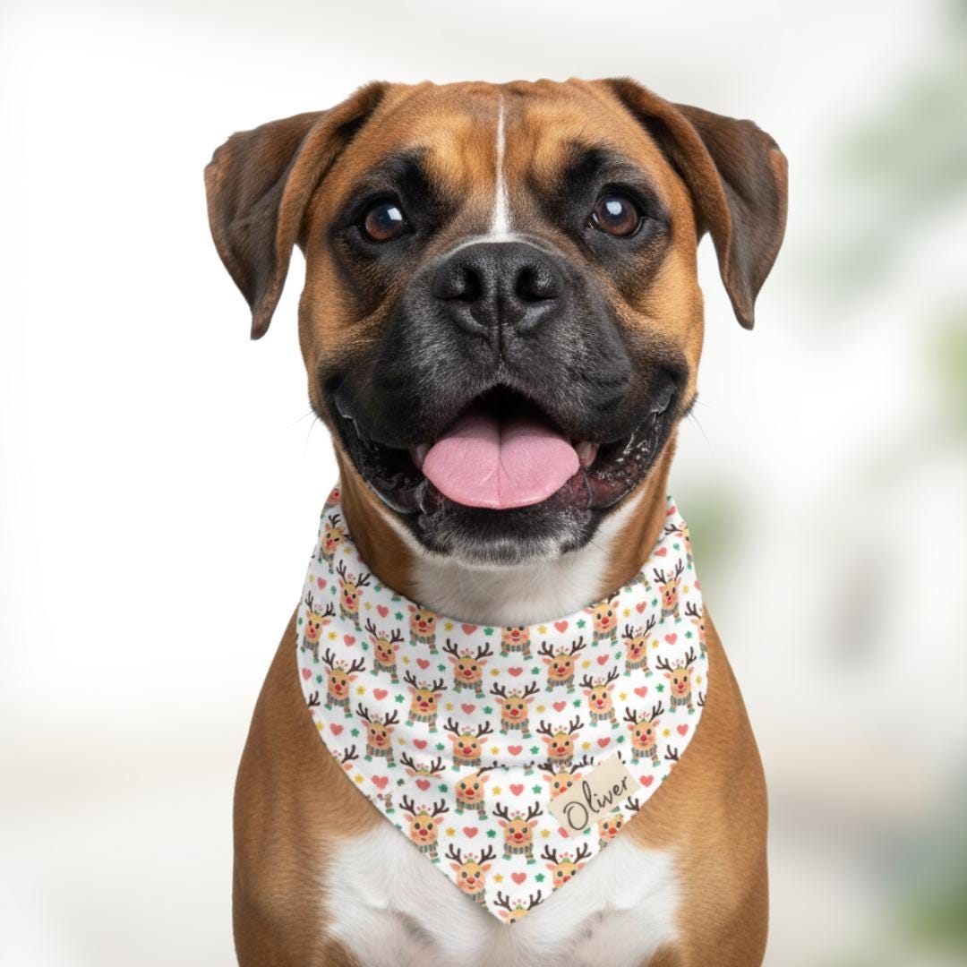 Personalized Pet Bandana Collar Christmas Reindeer Print Dog and Cat Holiday Gift Festive Winter Accessory Soft Pet Scarf Adjustable Collar