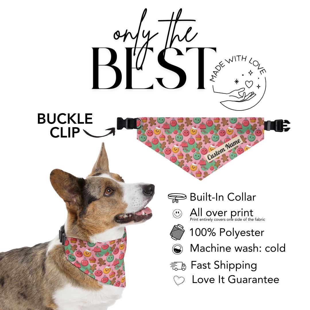 Personalized Pet Bandana Collar Cute Pink Christmas Treats Pattern Custom Dog Bandana with Built-In Adjustable Collar Holiday Gift for Pets