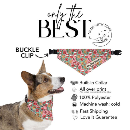 Personalized Pet Bandana Collar Adorable Christmas Cookie Pattern Custom Dog Bandana with Built-In Adjustable Collar Gift for Dogs and Cats