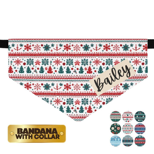Personalized Ugly Christmas Sweater Pet Bandana Built-In Collar Custom Name Dog-Cat Scarf Adjustable Festive Cozy Holiday Polyester Bandana