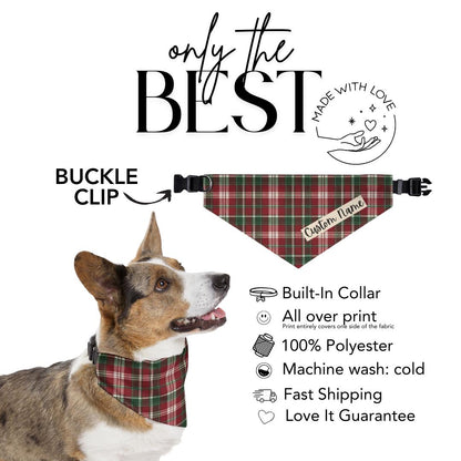 Personalized Green and Red Plaid Pet Bandana Built-In Collar Custom Dog Bandana Classic Tartan Dog Scarf for Christmas & Everyday Wear