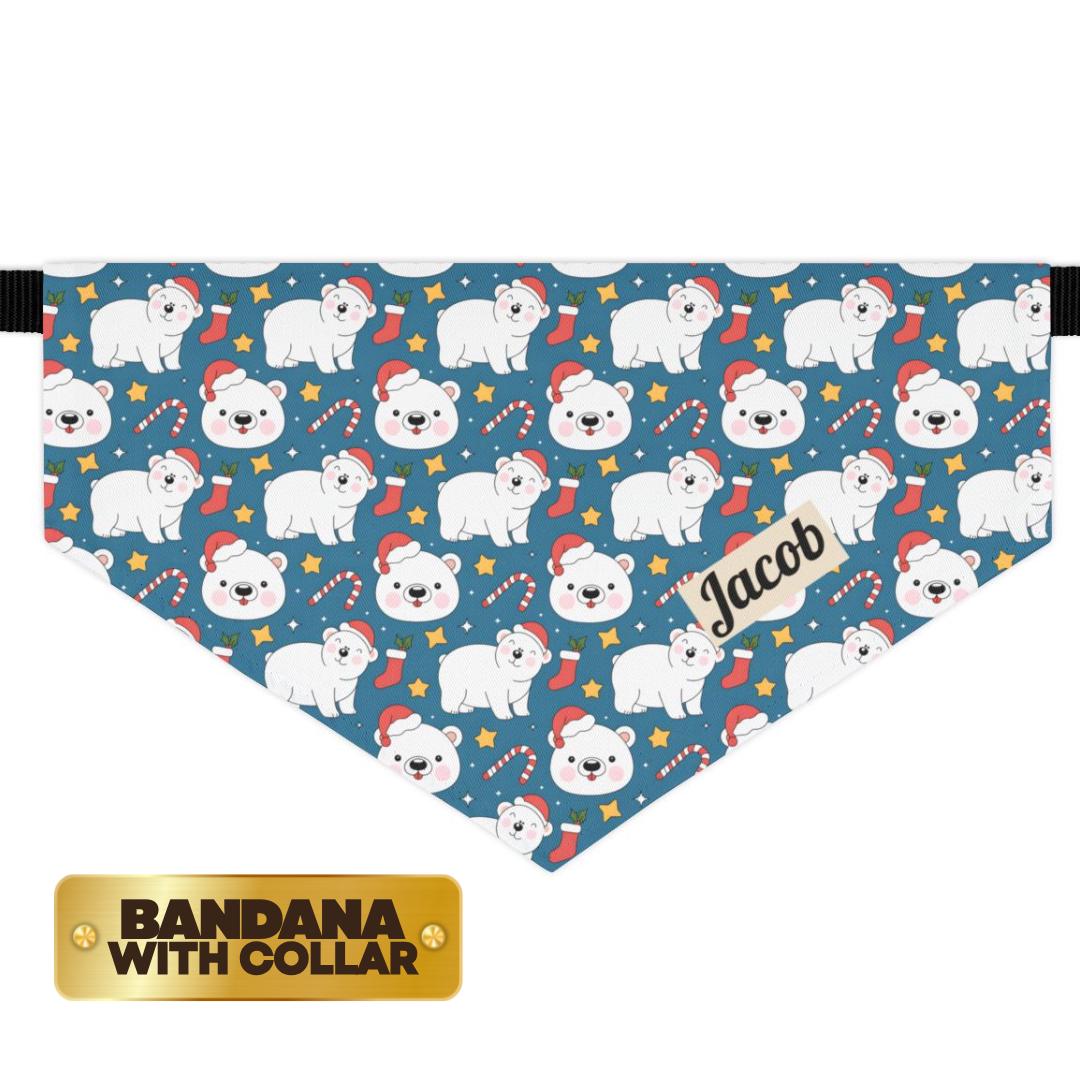 Personalized Polar Bear Christmas Pet Bandana Built-In Collar Custom Pet Bandana with Name Holiday Pet Scarf Festive Christmas Pet Accessory