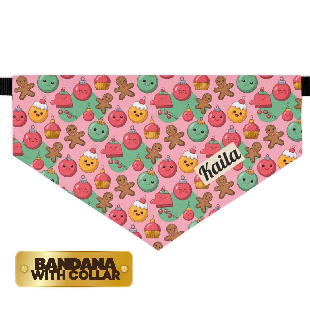 Personalized Pet Bandana Collar Cute Pink Christmas Treats Pattern Custom Dog Bandana with Built-In Adjustable Collar Holiday Gift for Pets