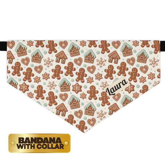 Gingerbread Pet Bandana Christmas Dog Collar Personalized Holiday Pet Accessory Custom Name Dog and Cat Bandana Festive Built-In Collar