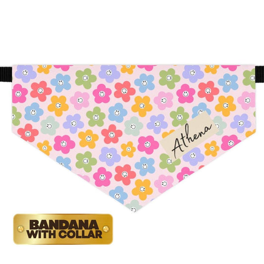 Bloomy Garden Personalized Pet Bandana Collar for Dogs & Cats Custom Name Soft Polyester Built-In Floral Collar Adjustable Everyday Wear