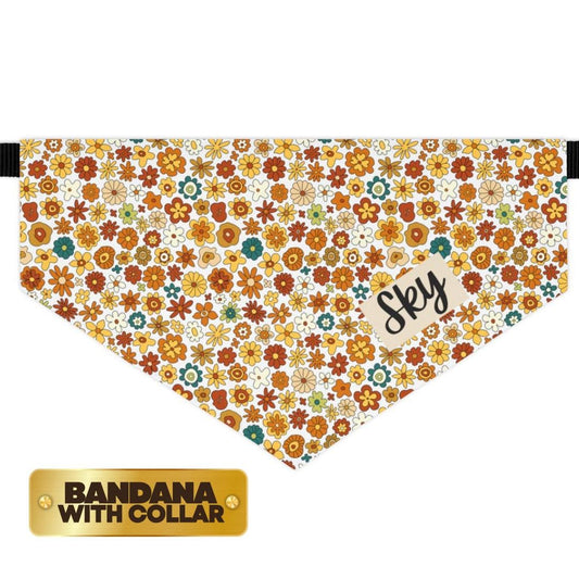 Personalized Autumn Bloom Flower Pet Bandana Collar for Dogs & Cats Custom Name Built-In Collar Adjustable Floral Fall Pet Accessory