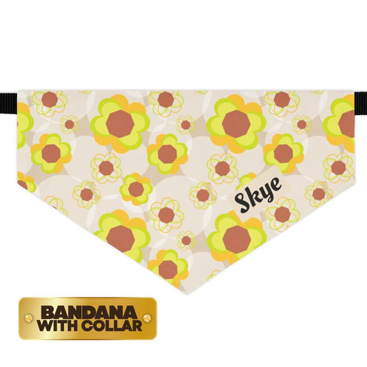 Personalized Retro Flower Pet Bandana Collar Custom Name Dog Bandana Adjustable Built-In Collar for Dogs & Cats Groovy Floral Pet Accessory